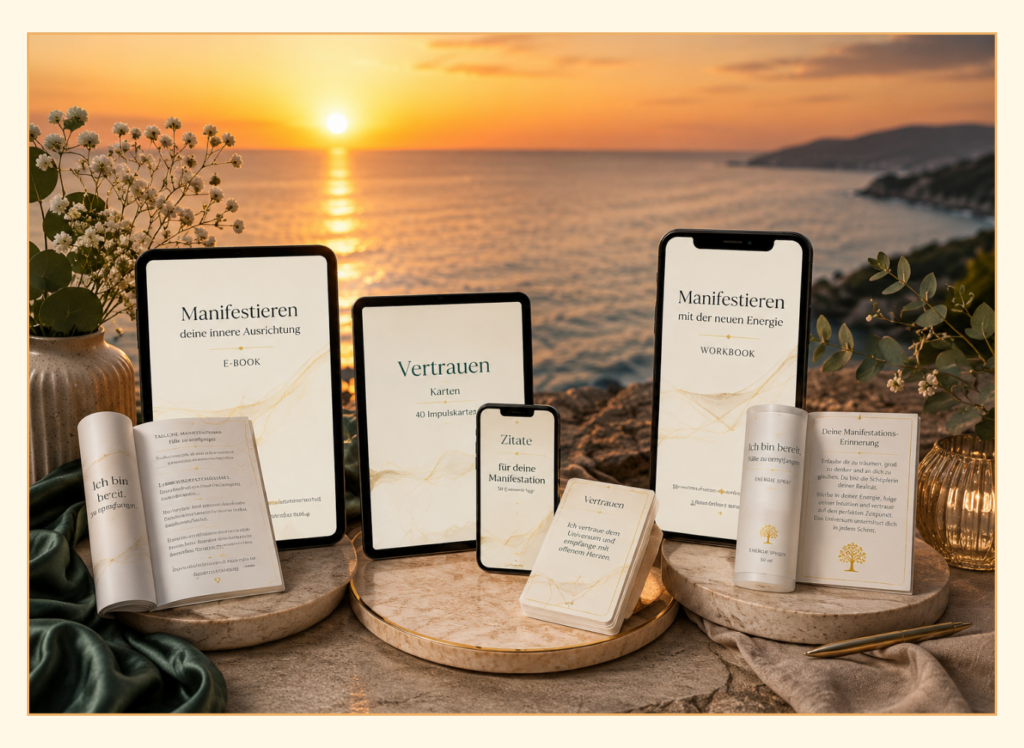 40 Vertrauen Karaten, Manifestieren durch innere Ausrichtung-Workbook mit Journaling. Workbook und Karten in einheitlichem elegantem Design auf hellem Hintergrund und mit goldenen Elementen.