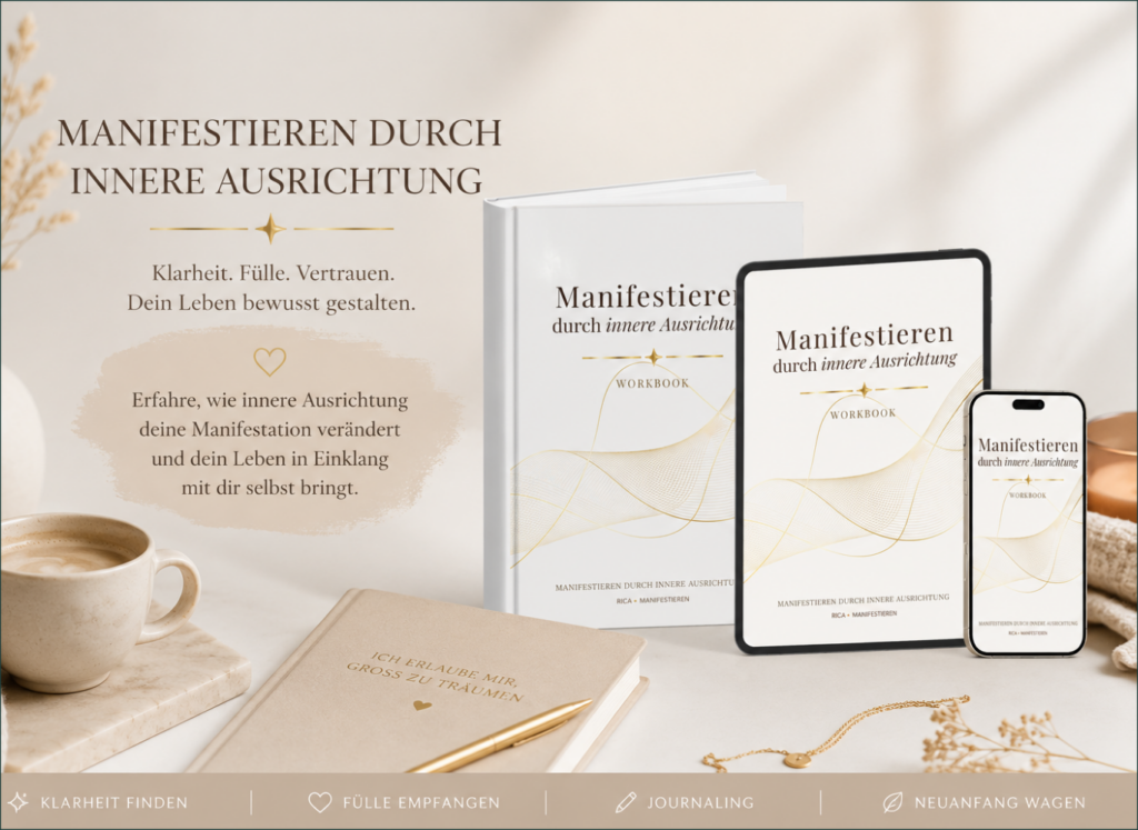Workbook mit dem Schriftzug Manifestieren durch innere Ausrichtung. 